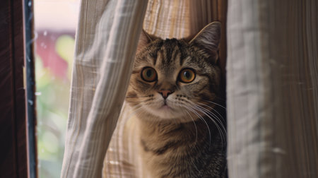 A round-faced cat peeking out from behind a curtain, its curious expression hinting at its eagerness to explore for food.の素材