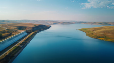 Aerial view of a sprawling reservoir behind a dam, its calm waters stretching out into the horizon, providing vital resources for the region.の素材