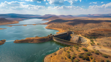 Aerial view of a dam surrounded by arid landscape, showcasing the vital role of water management in sustaining life in dry regions.の素材
