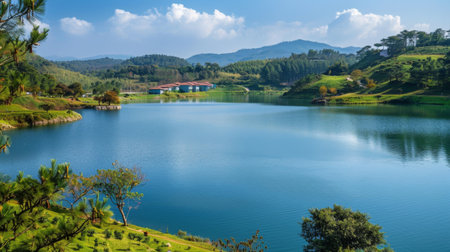 A serene lake formed by a dam, its shores dotted with recreational facilities and lush greenery, inviting visitors to enjoy its beauty.の素材