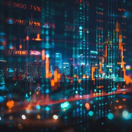 Abstract glowing big data forex candlestick chart on blurry city backdrop. Trade, technology, investment and analysis concept.の素材