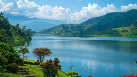 A serene lake formed by a dam, its shores dotted with recreational facilities and lush greenery, inviting visitors to enjoy its beauty.の素材