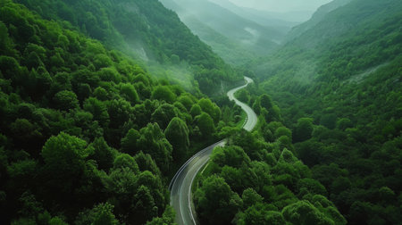 Aerial view of a mountain road winding its way through dense forests, a ribbon of asphalt cutting through the green landscape.の素材