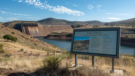 An information board explaining the ecological significance and functions of a dam, educating visitors about its role in water conservation.の素材