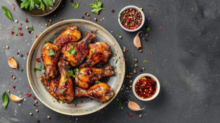 Air Fryer drummet chicken wing with garlic and pepper in a plate.Healthy oilless cooking menu.の素材