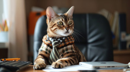 Boring job. Bengal cat is a business entrepreneur. Cat in a tie. Fluffy boss in the officeの素材
