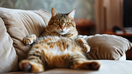 An overweight cat lounging on a couch, its relaxed demeanor and satisfied expression indicating its love for a life filled with food and comfort.の素材