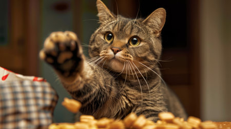 An obese cat reaching for a bag of treats with a paw, its insatiable appetite evident as it indulges in its favorite snacks.の素材