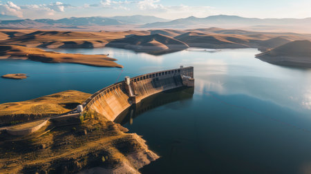 Aerial view of a sprawling reservoir behind a dam, its calm waters stretching out into the horizon, providing vital resources for the region.の素材