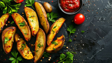 Baked potato wedges with cheese and herbs and tomato sauce on a dark background - homemade organic vegetable vegan vegetarian potato wedges snack foodの素材