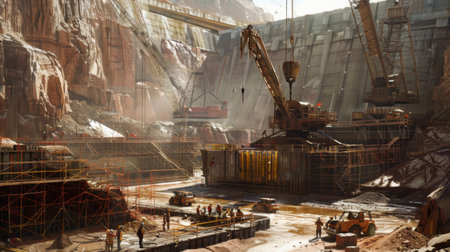 Construction workers overseeing the building of a dam, heavy machinery and scaffolding surrounding the massive structure in progress.の素材
