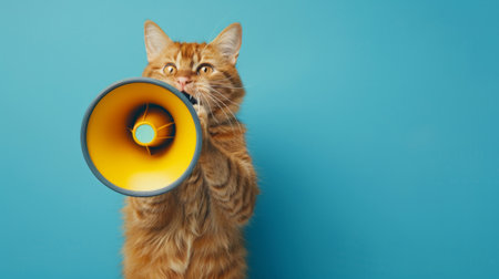 Funny red cat holds a yellow loudspeaker in its paws and screams on a blue background, a creative idea. Business and management, concept.の素材