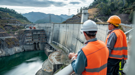 Engineers inspecting the infrastructure of a dam, meticulously assessing its integrity and ensuring its ability to withstand water pressure.の素材