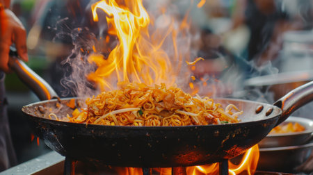 fried noodles cook in pan with big fire flame is hong kong style. Pad Thai favorite and famous Asian Thai street fast food in hot pan,の素材