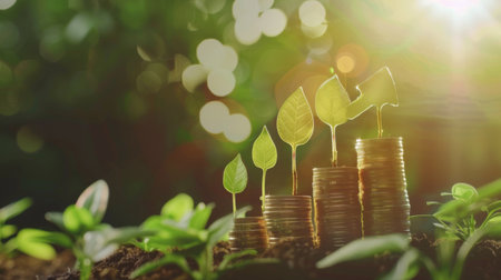 Growing money,finance and investment. Seedling are growing with business arrow of growth.Young plants on coin stacks increase. Concept of business growth,profit, development and success.の素材
