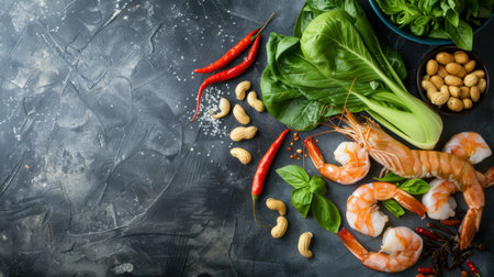 Flying wok ingredients - shrimp, vegetables, pak choi leaves, onions and peanuts. Asian food delivery. Chinese recipes. Wok preparation ingredients. Copy spaceの素材