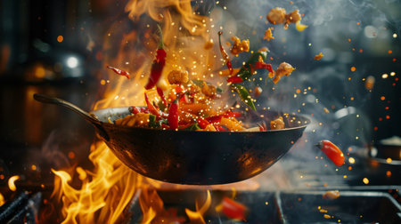 Freeze Motion of Wok Pan with Flying Ingredients in the Air and Fire Flames.の素材