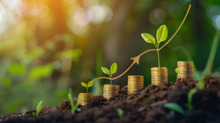 Growing money,finance and investment. Seedling are growing with business arrow of growth.Young plants on coin stacks increase. Concept of business growth,profit, development and success.の素材