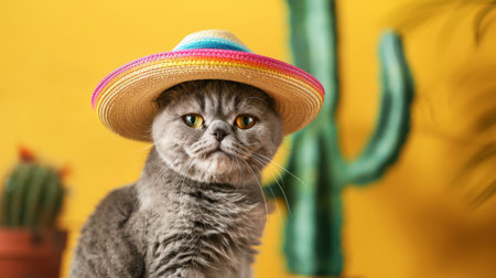 Funny gray cat in a Mexican sambrerro hat on his head. The cat's muzzle is unhappy. In the background yellow background green cacti. Funny pets. Scottish Fold cat. Pet dressing. Traveling with a petの素材