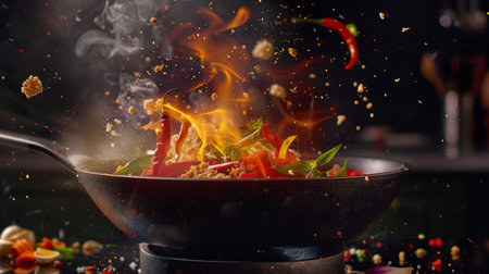 Freeze Motion of Wok Pan with Flying Ingredients in the Air and Fire Flames.の素材