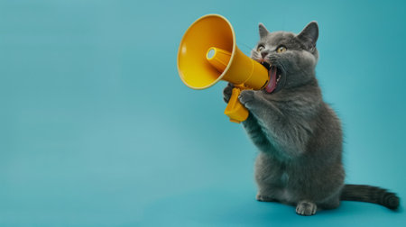Funny grey cat screams with a yellow loudspeaker on a blue background, creative idea. Fun pet kitten speaks into a megaphone. Management and advertising, conceptの素材