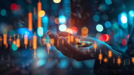 investment and finance concept, businessman holding virtual trading graph and blurred coins on hand, stock market, profits and business growth.の素材