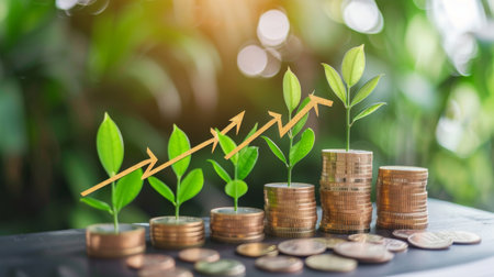Growing money,finance and investment. Seedling are growing with business arrow of growth.Young plants on coin stacks increase. Concept of business growth,profit, development and success.の素材