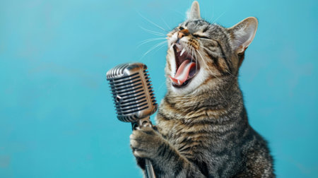 Funny emotional cat artist singing and holding a vintage metal microphone at a party on a pastel blue background. Pet singer, creative idea. Rockstarの素材
