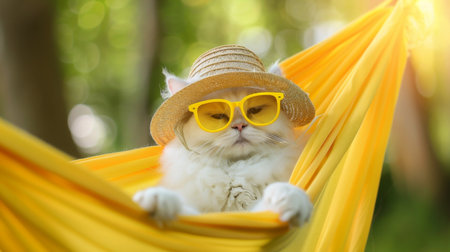 Funny white cat in a straw hat and yellow glasses resting in a yellow fabric hammockの素材