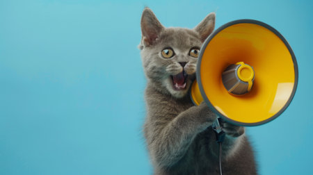 Funny grey cat screams with a yellow loudspeaker on a blue background, creative idea. Fun pet kitten speaks into a megaphone. Management and advertising, conceptの素材