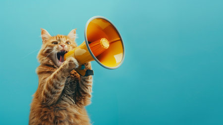 Funny red cat holds a yellow loudspeaker in its paws and screams on a blue background, a creative idea. Business and management, concept.の素材
