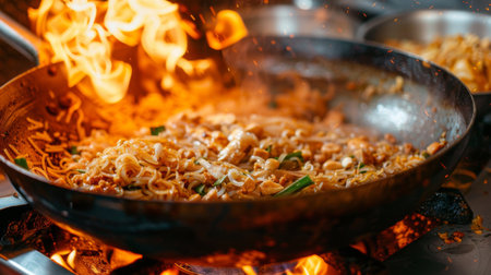 fried noodles cook in pan with big fire flame is hong kong style. Pad Thai favorite and famous Asian Thai street fast food in hot pan,の素材