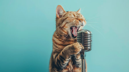 Funny emotional cat artist singing and holding a vintage metal microphone at a party on a pastel blue background. Pet singer, creative idea. Rockstarの素材