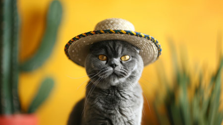 Funny gray cat in a Mexican sambrerro hat on his head. The cat's muzzle is unhappy. In the background yellow background green cacti. Funny pets. Scottish Fold cat. Pet dressing. Traveling with a petの素材