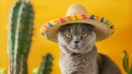 Funny gray cat in a Mexican sambrerro hat on his head. The cat's muzzle is unhappy. In the background yellow background green cacti. Funny pets. Scottish Fold cat. Pet dressing. Traveling with a petの素材
