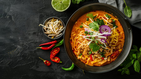 Northern Thai food (Khao Soi), Spicy curry noodles soup with chicken, Local Thai foodの素材