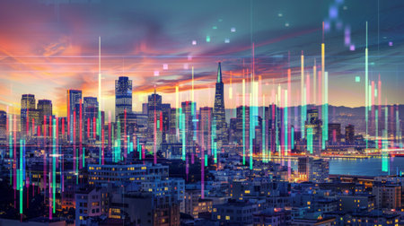 Multi exposure of abstract virtual financial graph hologram on San Francisco skyline background, forex and investment conceptの素材