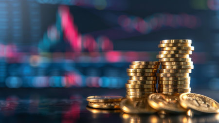 Stack of gold money coin with trading graph, financial investment concept can be use as backgroundの素材
