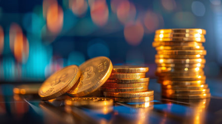 Stack of gold money coin with trading graph, financial investment concept can be use as backgroundの素材