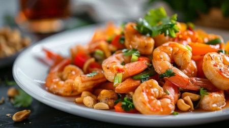 Stir fried crispy shrimp with cashew nuts and sweet pepper in white plate.Thai food not spicy.の素材