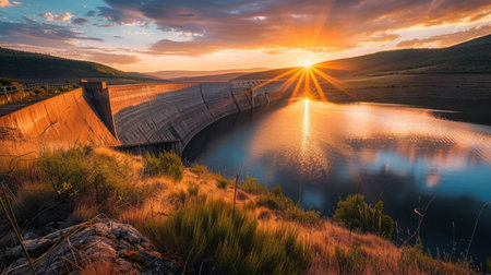 Sunset casting a golden glow over a dam and its reservoir, the tranquil scene evoking a sense of peace and harmony with nature.の素材
