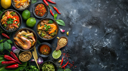 Traditional Thai food on dark background. Oriental food concept. Top view, flat lay, panoramaの素材