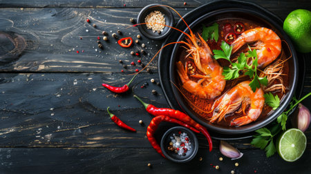 Taste of Thailand: Spicy and Sour Thai Tom Yum Goong Soup with Shrimp and Aromatic Ingredients on Black and Wooden Backgroundの素材
