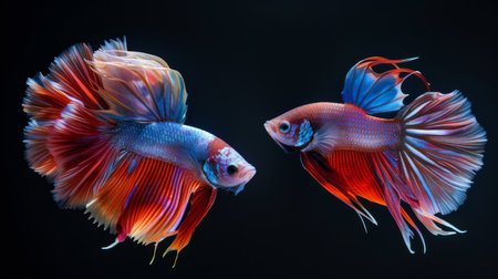 Two Betta fish engaged in a graceful dance, their colorful fins trailing behind them as they swim elegantly through the water.の素材