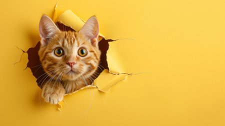The cat looks out of a hole in the studio yellow background. Pet peeps through torn paper background, copy spaceの素材
