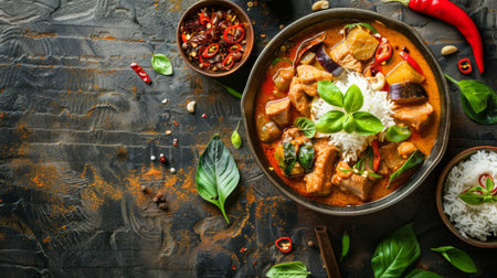 spicy thai curry with pork meat serving with rice and decorating with herbal vegetable ingredients like chili and eggplant on rustic backgroundの素材