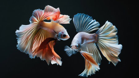 Two Betta fish engaged in a graceful dance, their colorful fins trailing behind them as they swim elegantly through the water.の素材