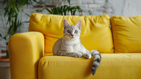 Young indoor cat with no tail sitting on yellow couch in urban apartment buildingの素材