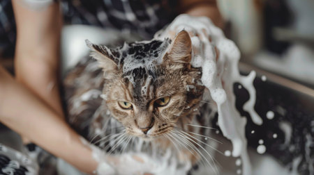 Woman shampooing a tabby gray cat in a grooming salon.の素材