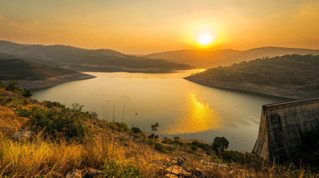 Sunset casting a golden glow over a dam and its reservoir, the tranquil scene evoking a sense of peace and harmony with nature.の素材